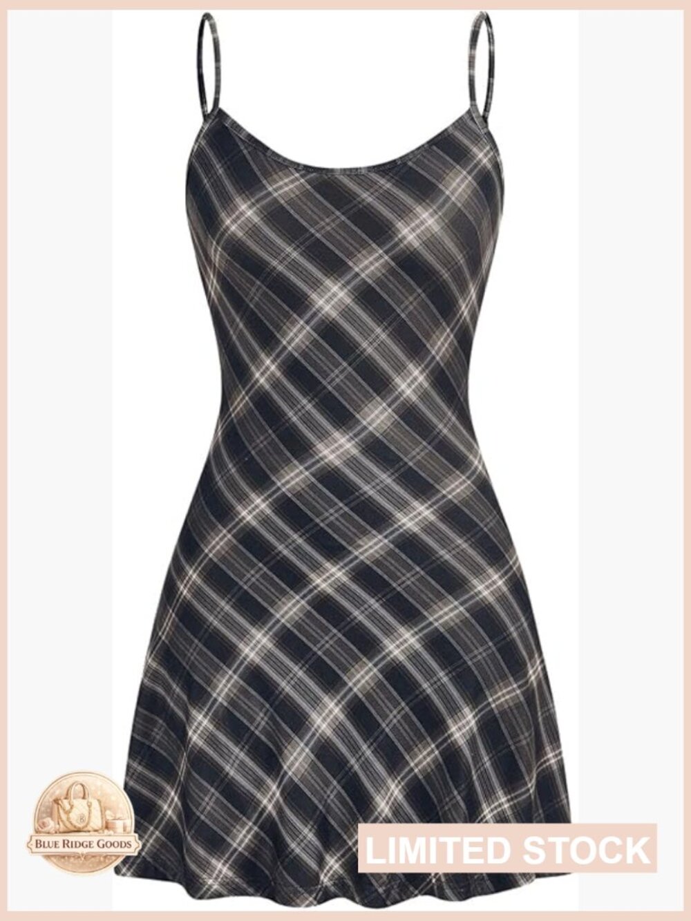 Plaid Spaghetti Strap Cami Dress Sleeveless Flared Hem Mini Y2K A-Line - Picture 1 of 5